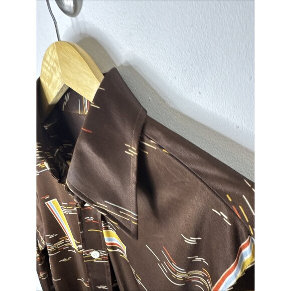 Vintage 70s Disco Geometric Print Button Down Shirt Brown M 15-15.5 - Picture 2 of 5